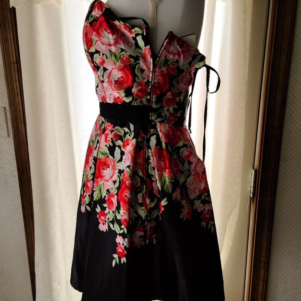 HAUTE NITE STRAPLESS CORSET- TIE BACK FLORAL MINI DRESS- BLACK /RED -SIZE 9-NWT - Picture 3 of 7